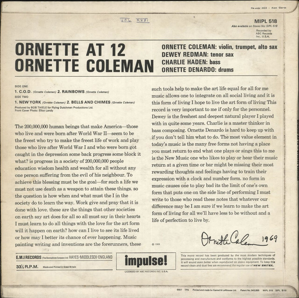 Ornette Coleman Ornette At 12 - EX UK vinyl LP album (LP record) ORCLPOR734787