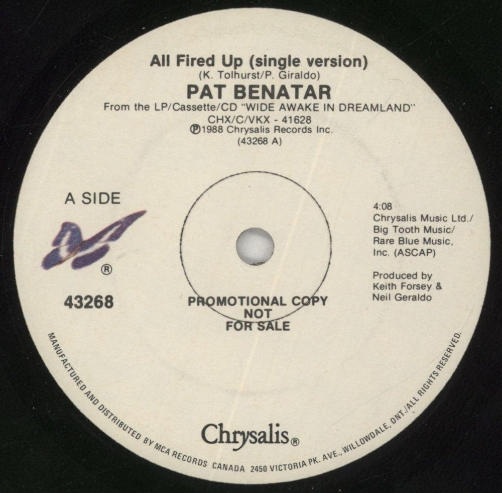 Pat Benatar All Fired Up (Single Version) US Promo 7" vinyl single (7 inch record / 45) 43268