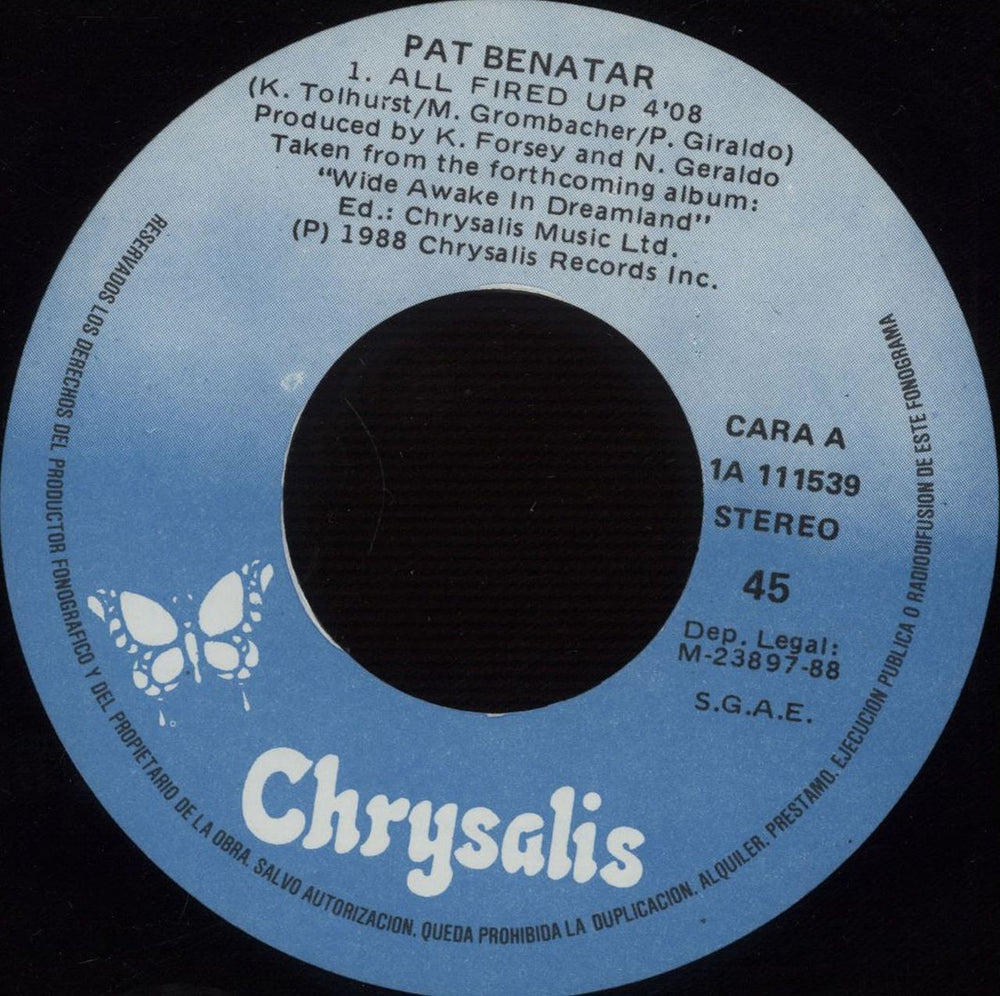 Pat Benatar All Fired Up Spanish 7" vinyl single (7 inch record / 45) BEN07AL666501