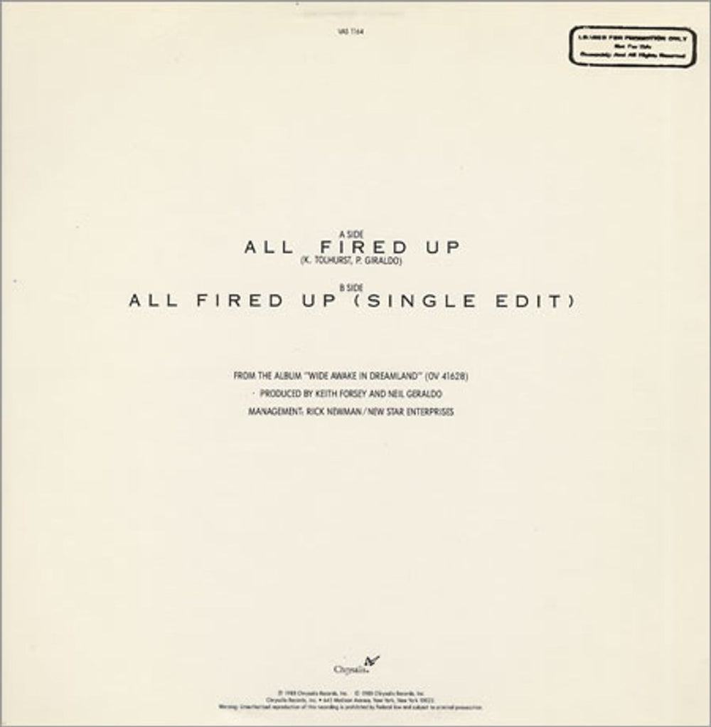 Pat Benatar All Fired Up US Promo 12" vinyl single (12 inch record / Maxi-single) BEN12AL00435