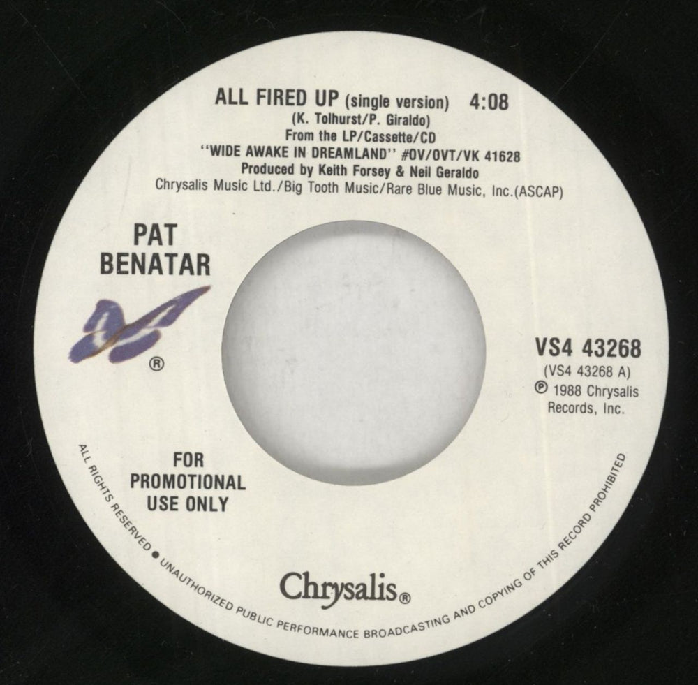 Pat Benatar All Fired Up US Promo 7" vinyl single (7 inch record / 45) BEN07AL849776