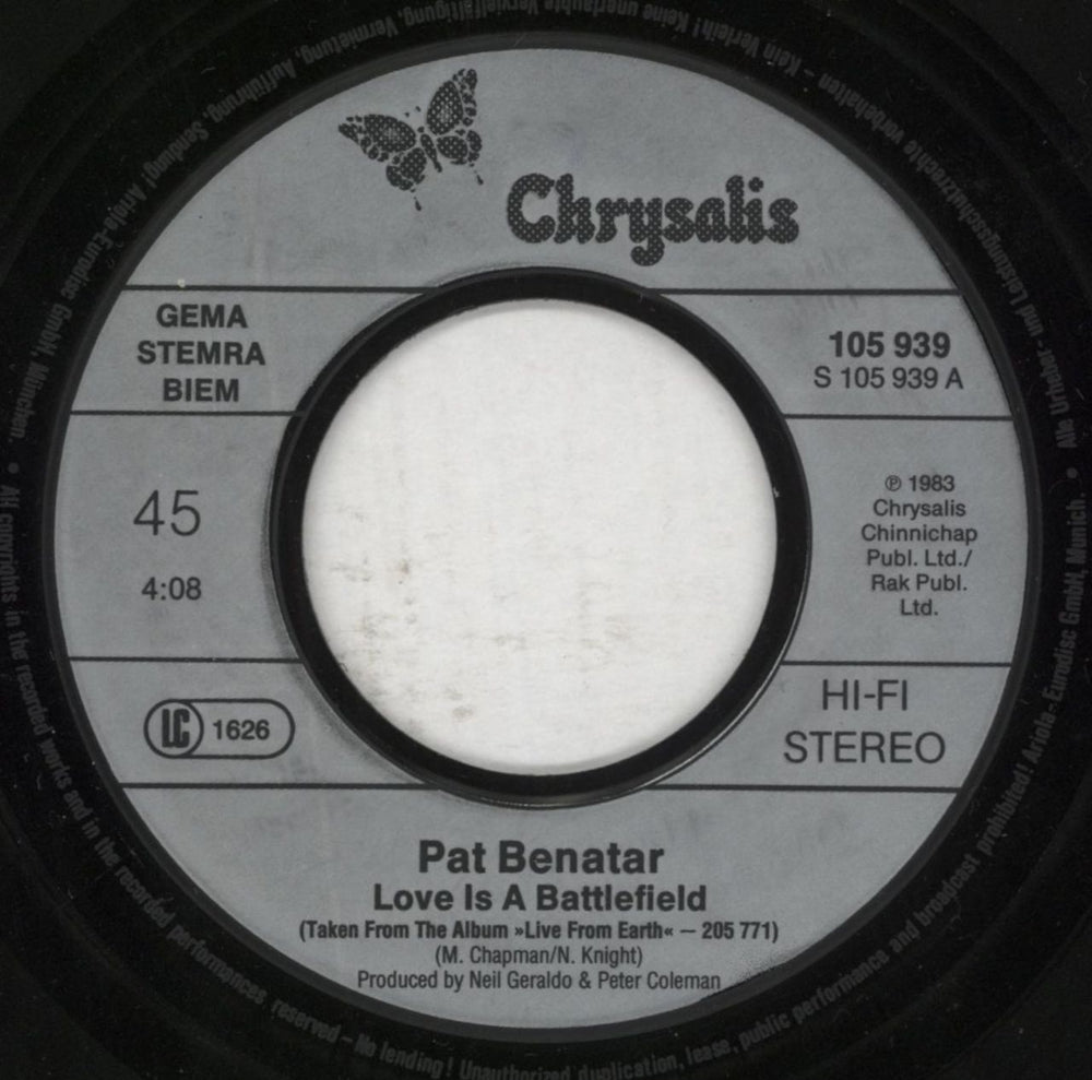 Pat Benatar Love Is A Battlefield German 7" vinyl single (7 inch record / 45) BEN07LO666441