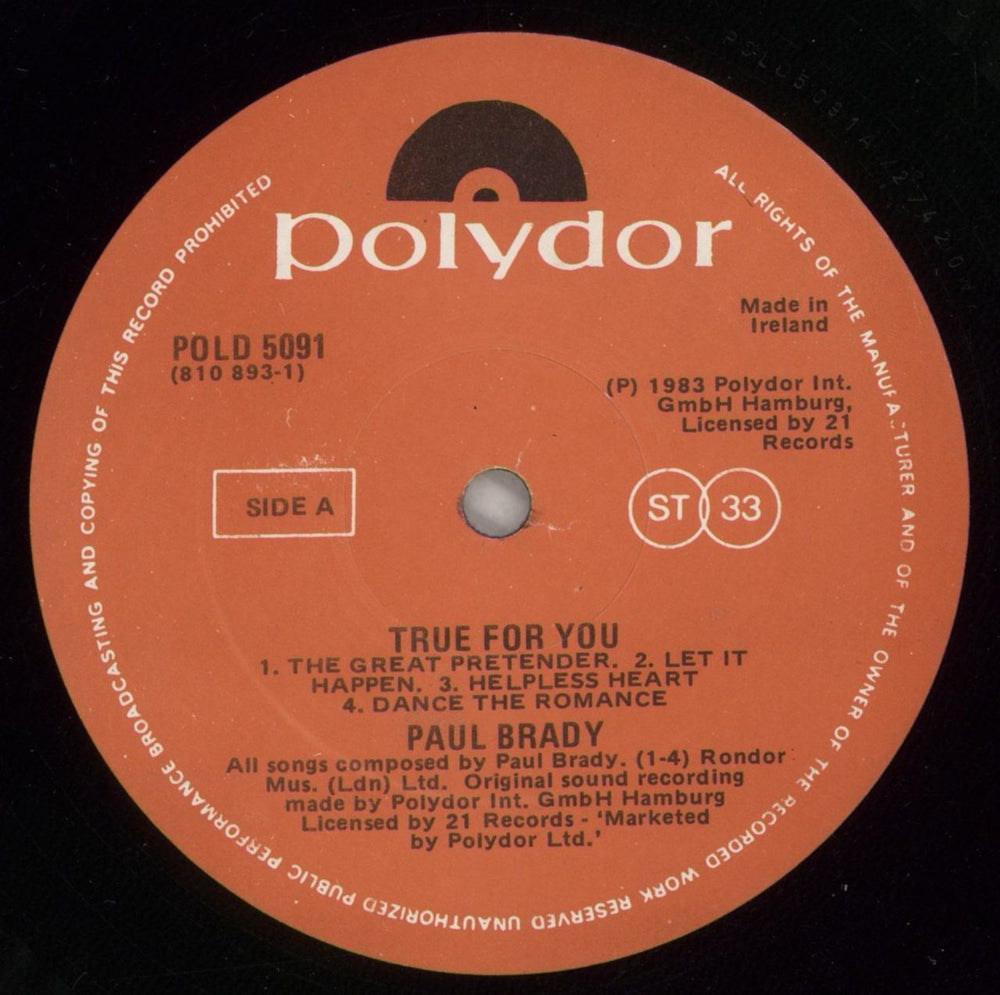 Paul Brady True For You UK vinyl LP album (LP record) PABLPTR304361