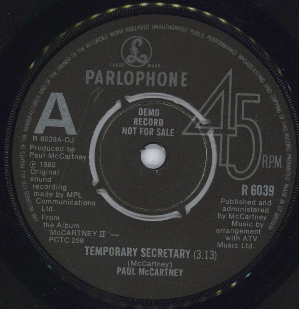 Paul McCartney and Wings Temporary Secretary UK Promo 7" vinyl single (7 inch record / 45) R6039-DJ