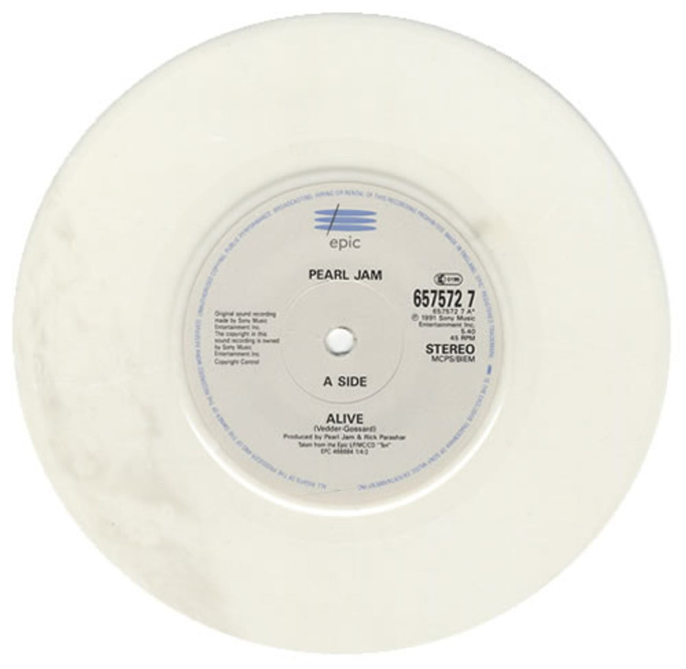 Pearl Jam Alive - White Vinyl UK 7" vinyl single (7 inch record / 45) PJA07AL09698