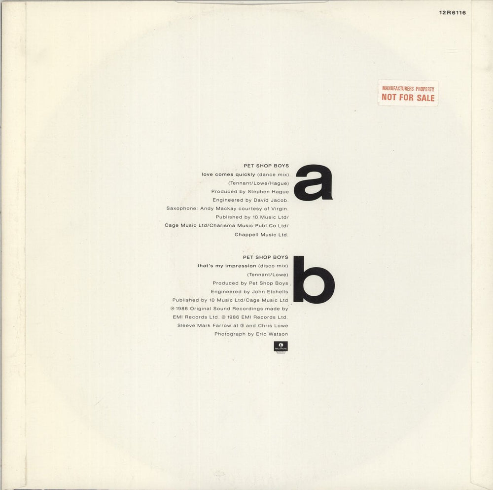 Pet Shop Boys Love Comes Quickly - Factory Sample UK Promo 12" vinyl single (12 inch record / Maxi-single)