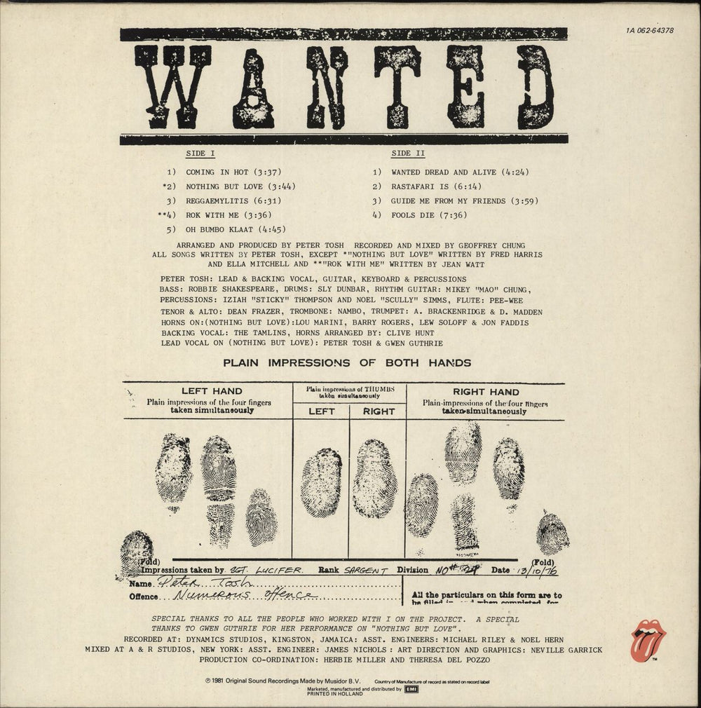 Peter Tosh Wanted Dread Or Alive Dutch vinyl LP album (LP record)