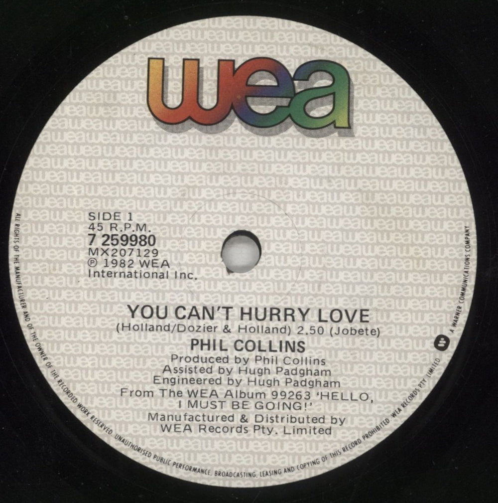 Phil Collins You Can't Hurry Love Australian 7" vinyl single (7 inch record / 45) COL07YO278967