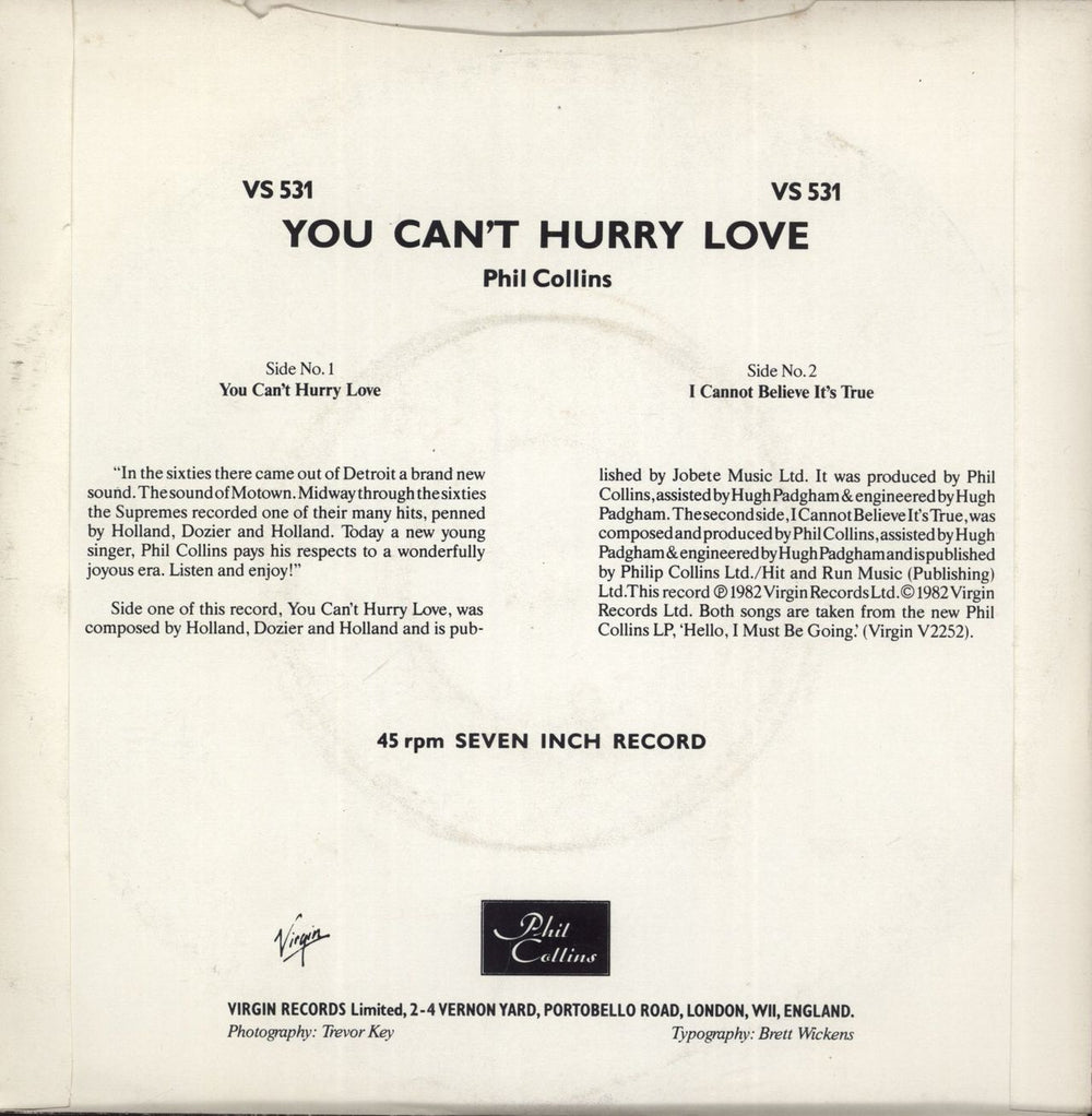 Phil Collins You Can't Hurry Love UK 7" vinyl single (7 inch record / 45) 042288811572
