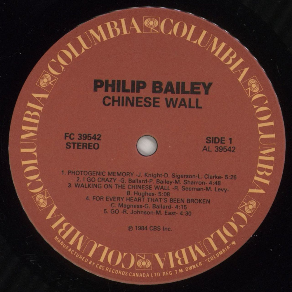 Philip Bailey Chinese Wall Canadian vinyl LP album (LP record) PLBLPCH879887