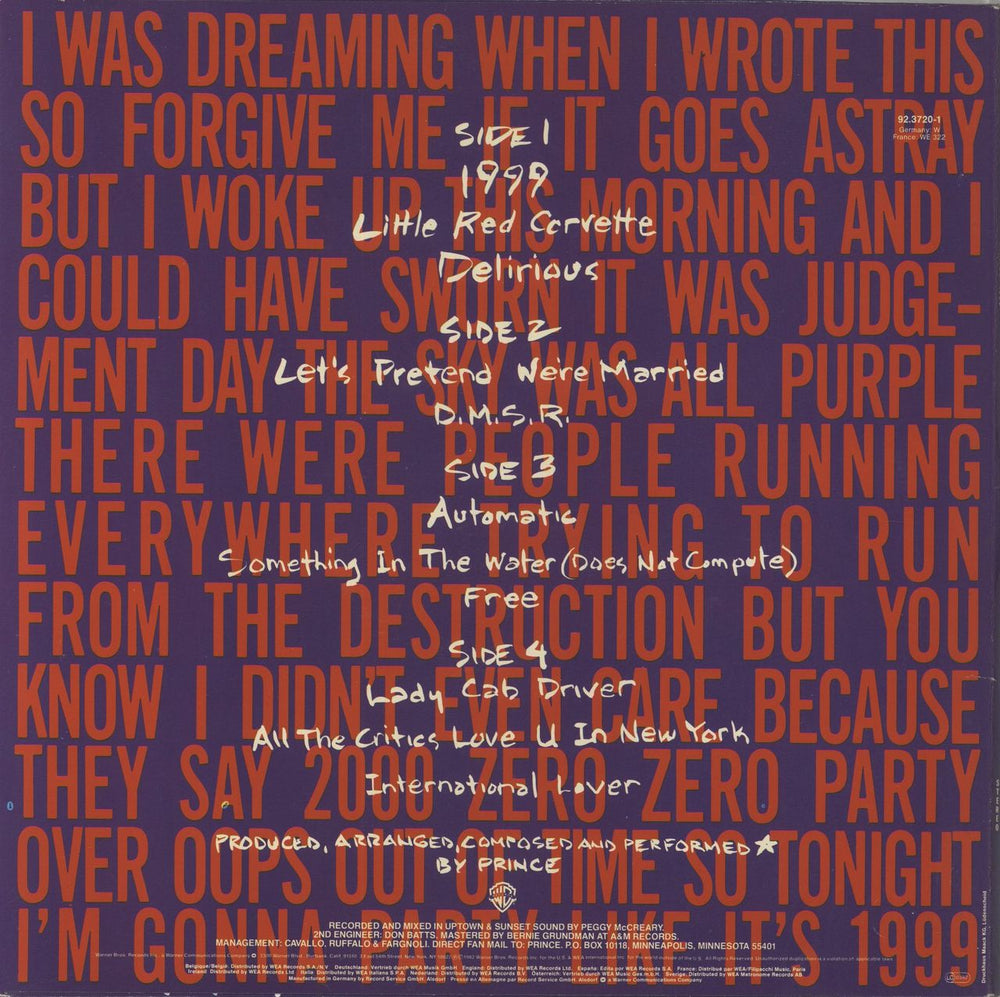 Prince 1999 - Nineteen Ninety Nine - EX Hype Sticker UK 2-LP vinyl record set (Double LP Album) 075992372010