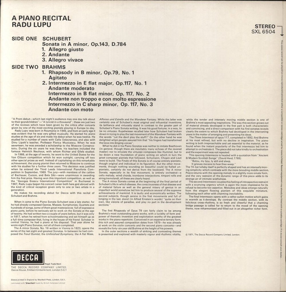 Radu Lupu Schubert: Sonata In A Minor, Op.143 / Brahms: Rhapsody No.1, Op79, 3 Intermezzi, Op.117 UK vinyl LP album (LP record)