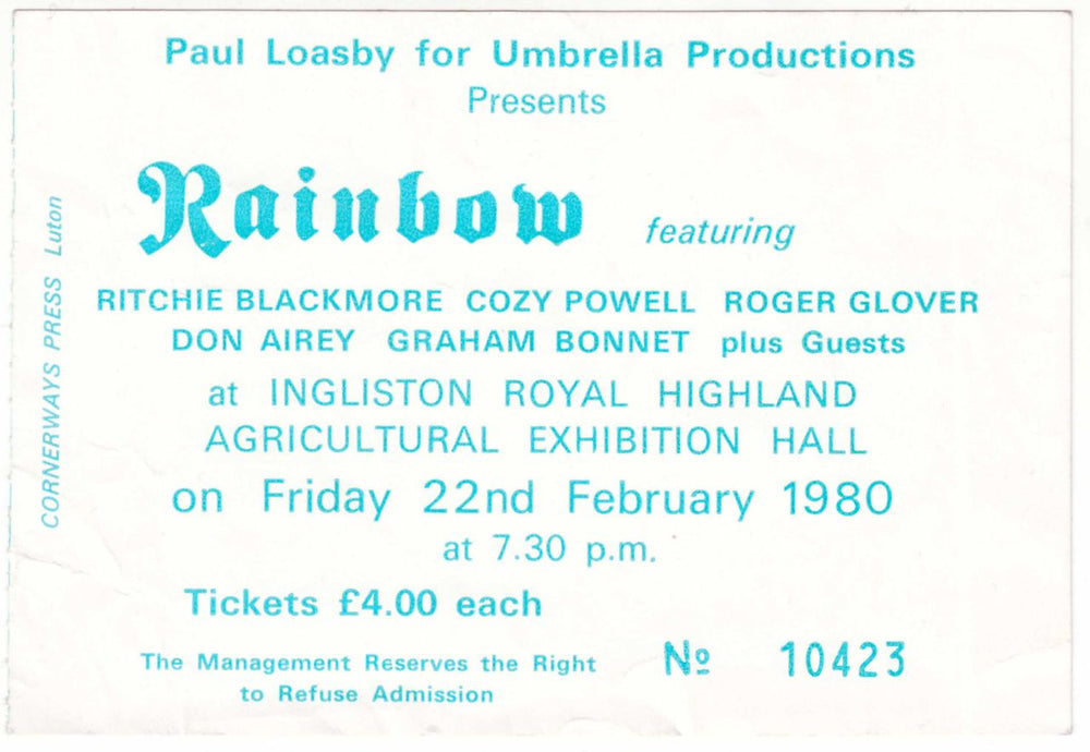 Rainbow Tour Of Europe 1980 + Ticket UK tour programme RBOTRTO79488