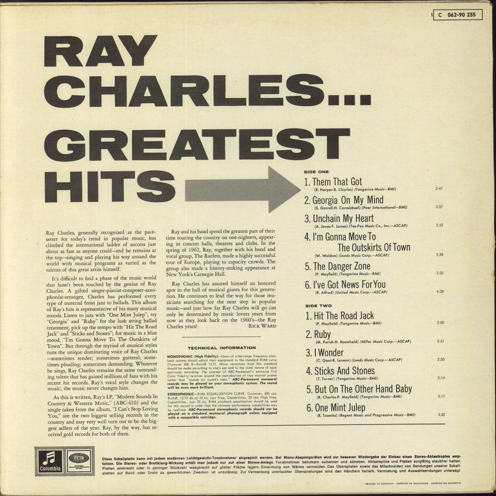 Ray Charles Greatest Hits German vinyl LP album (LP record)