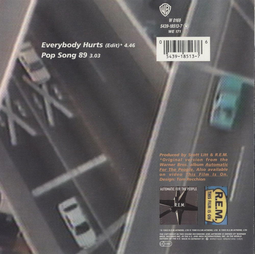 REM Everybody Hurts UK 7" vinyl single (7 inch record / 45) 054391851376