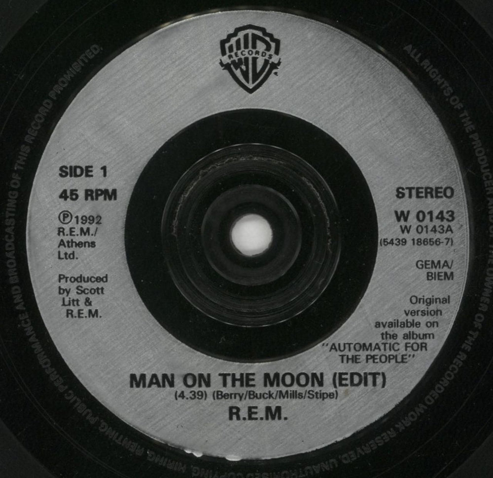 REM Man On The Moon - Injection Moulded UK 7" vinyl single (7 inch record / 45) REM07MA50781