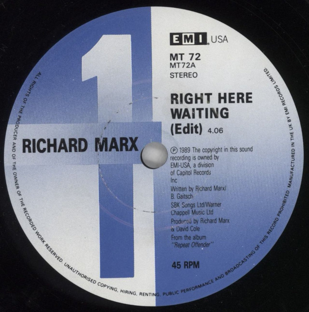 Richard Marx Right Here Waiting UK 7" vinyl single (7 inch record / 45) MRX07RI150638