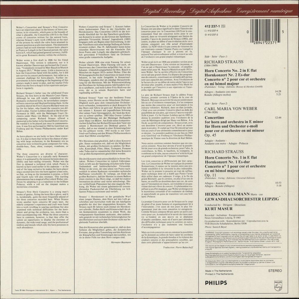 Richard Strauss Strauss: Horn Concertos Nos. 1&2 • Concertino For Horn Dutch vinyl LP album (LP record)