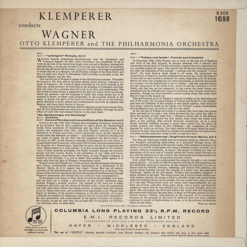 Richard Wagner Klemperer Conducts Wagner-MONO UK vinyl LP album (LP record)