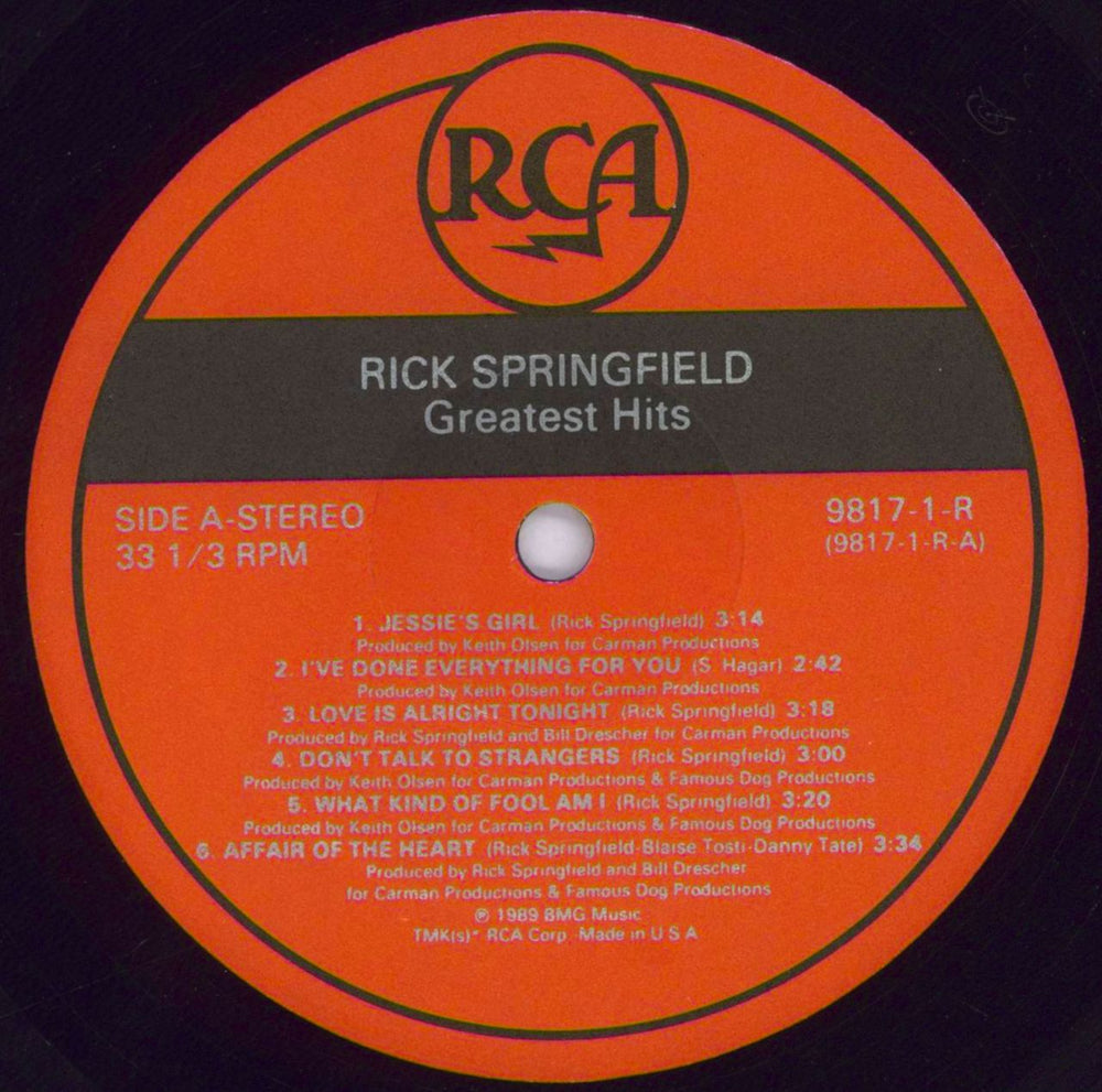 Rick Springfield Greatest Hits + Opened Shrink + Deletion Cut US vinyl LP album (LP record) RSPLPGR829346