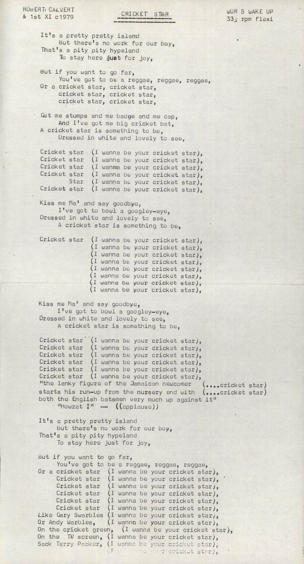 Robert Calvert Cricket Star + Insert UK 7" vinyl single (7 inch record / 45) WUR5