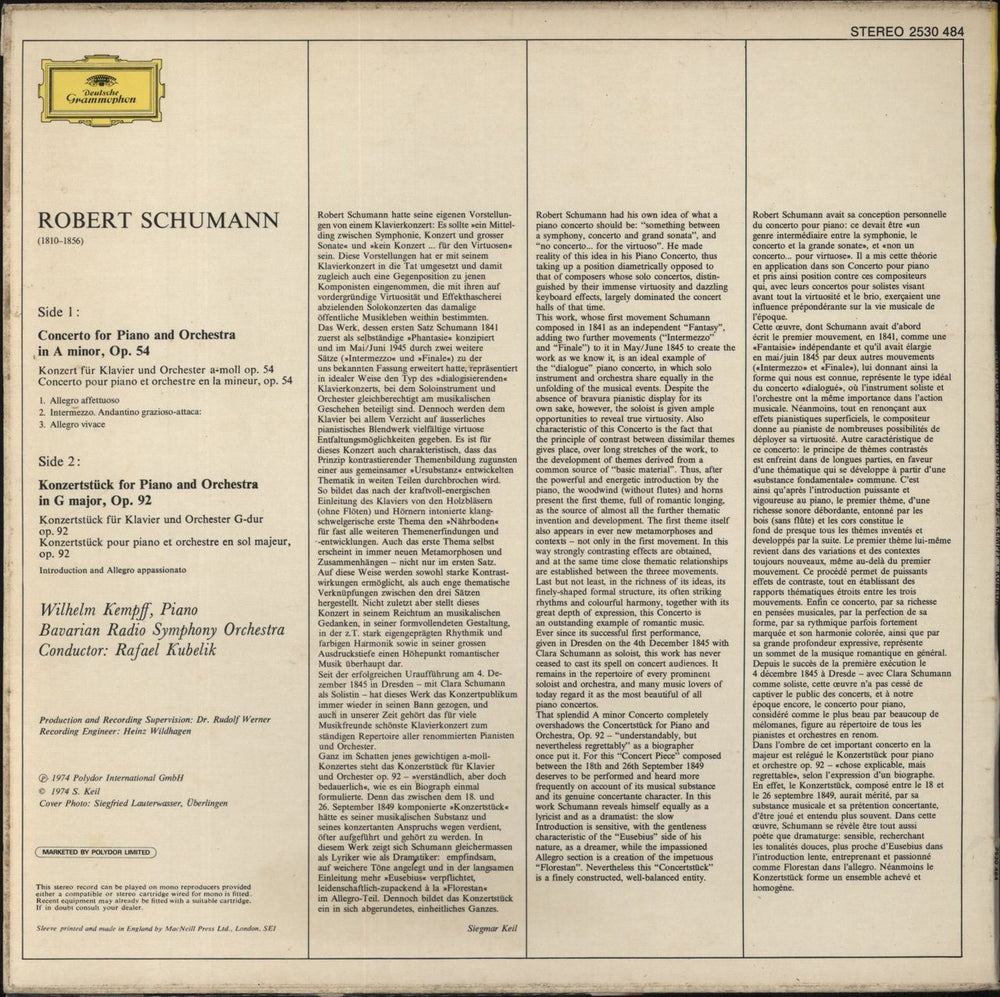 Robert Schumann Schumann: Klavierkonzert A-Moll = Piano Concerto In A Minor / Konzertstück G-dur (In G Major) Op.92 UK vinyl LP album (LP record)