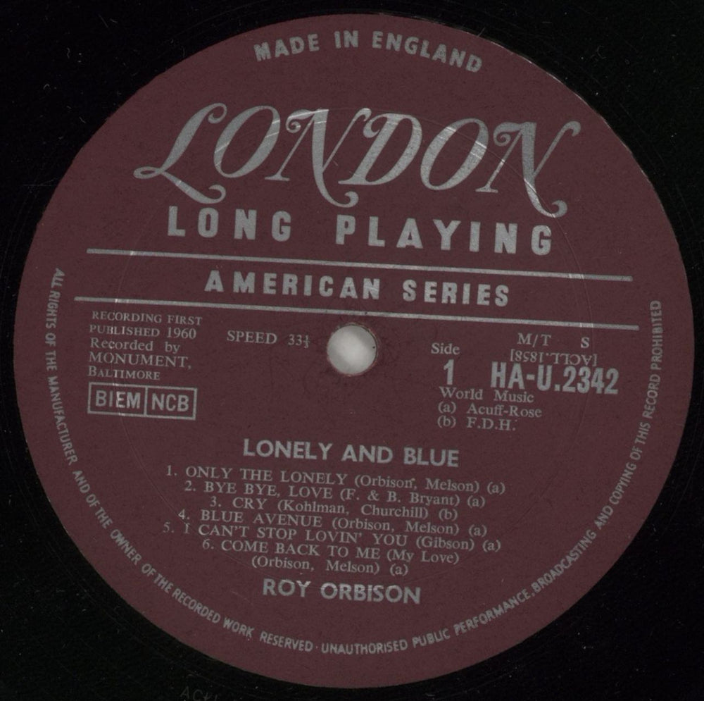 Roy Orbison Lonely And Blue UK vinyl LP album (LP record) RYOLPLO185373