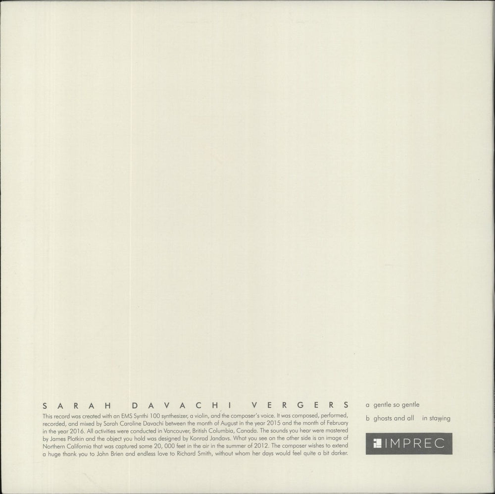 Sarah Davachi Vergers US vinyl LP album (LP record)