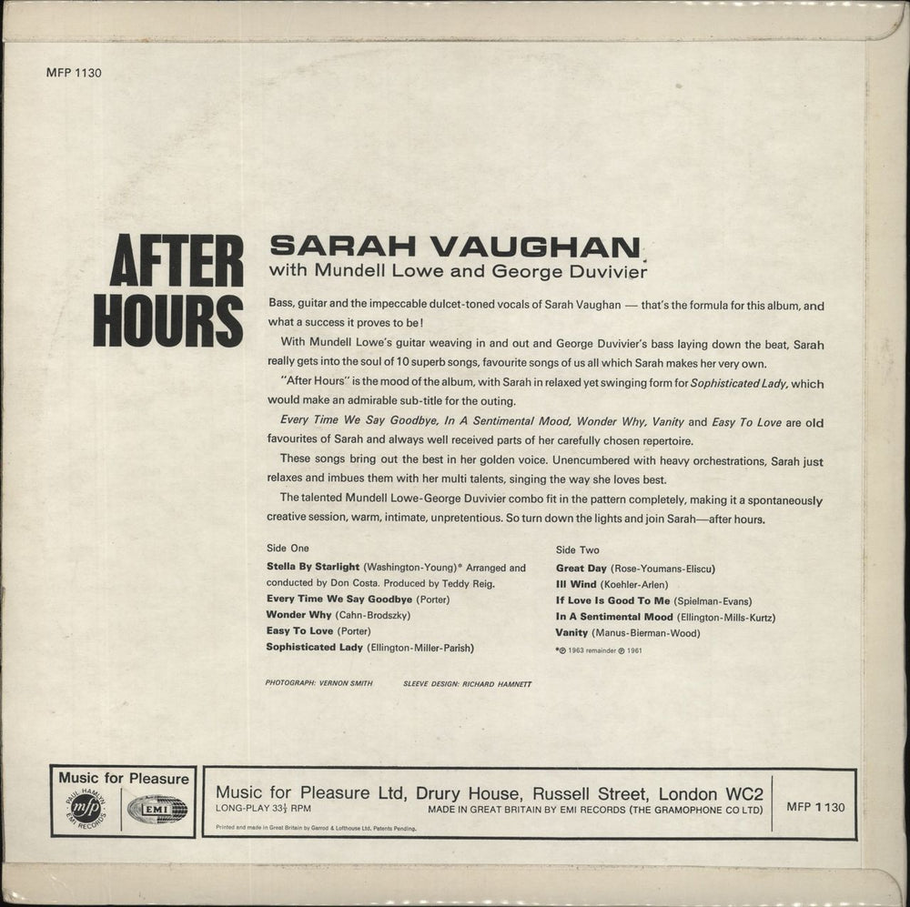 Sarah Vaughan After Hours UK vinyl LP album (LP record)