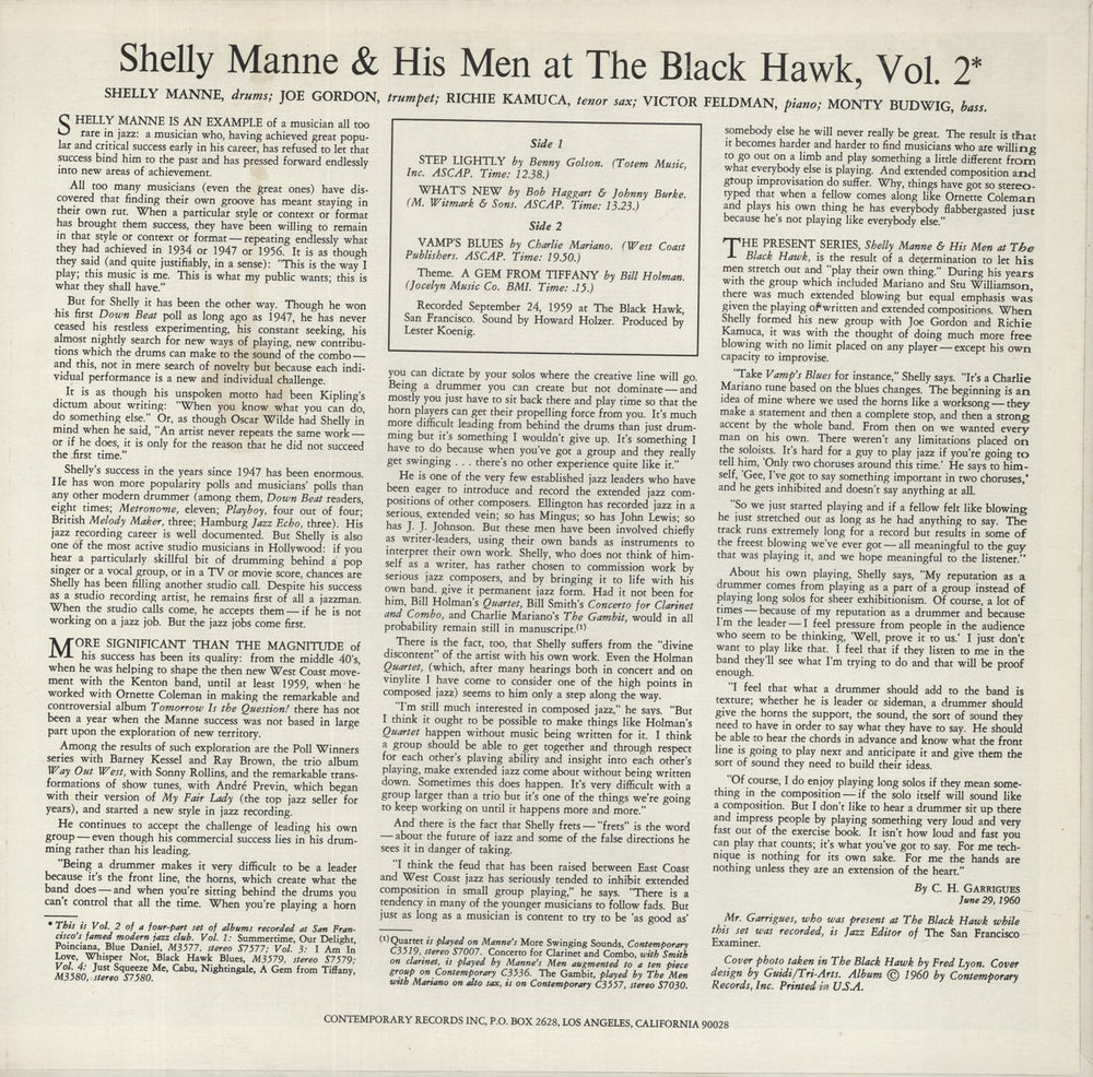 Shelly Manne At The Black Hawk Vol. 2 US vinyl LP album (LP record)