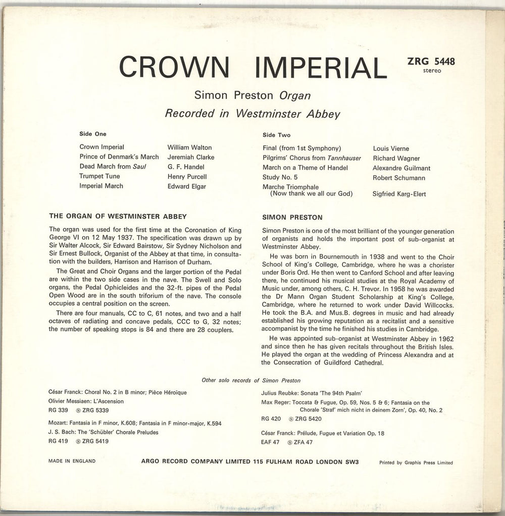 Simon Preston Crown Imperial UK vinyl LP album (LP record)