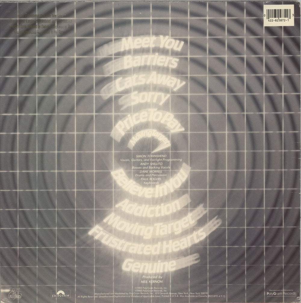 Simon Townshend Moving Target US vinyl LP album (LP record) 042282587213