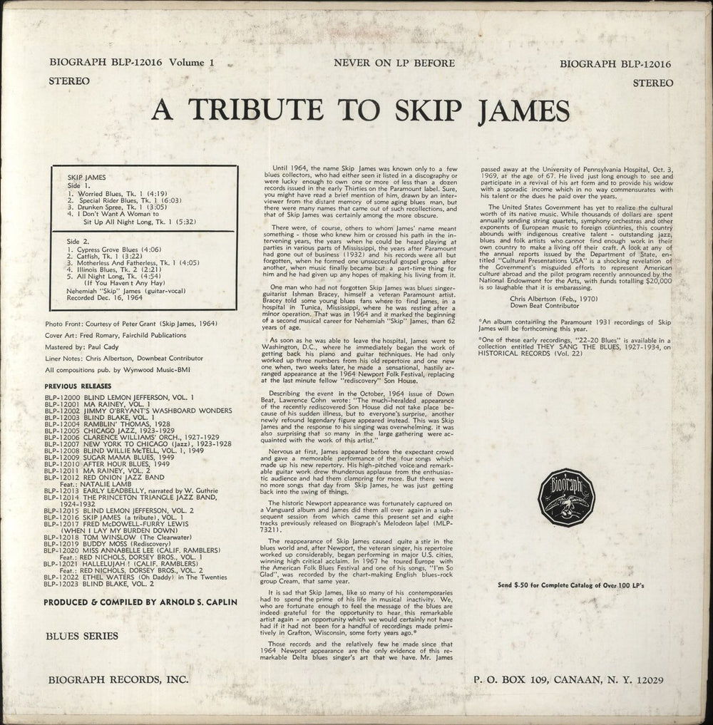 Skip James 'A Tribute To Skip James' Volume One US vinyl LP album (LP record)