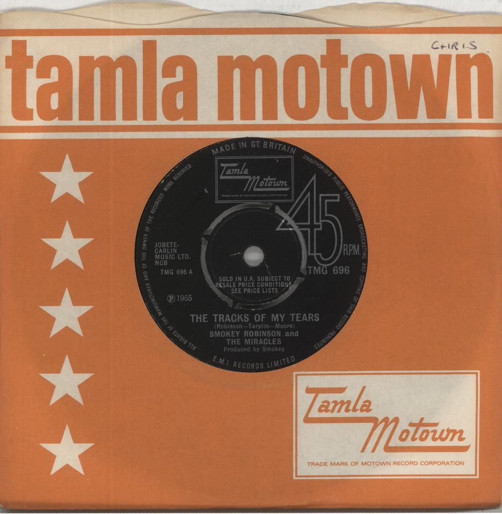 Smokey Robinson & The Miracles The Tracks Of My Tears - 4pr UK 7" vinyl single (7 inch record / 45) TMG696