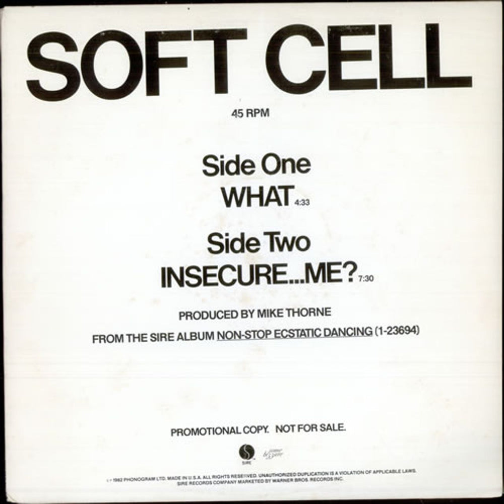 Soft Cell What / Insecure...Me? US Promo 12" vinyl single (12 inch record / Maxi-single) PRO-A-1037