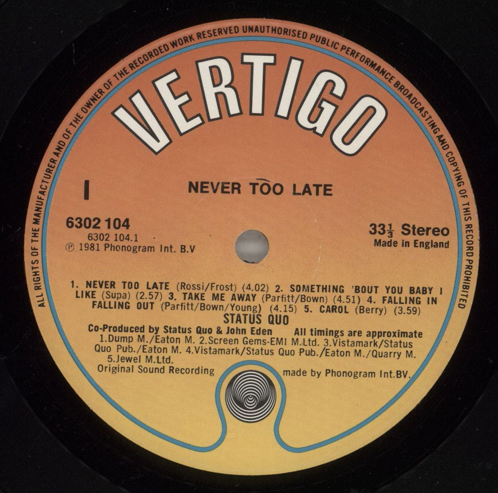 Status Quo Never Too Late UK vinyl LP album (LP record) QUOLPNE291054