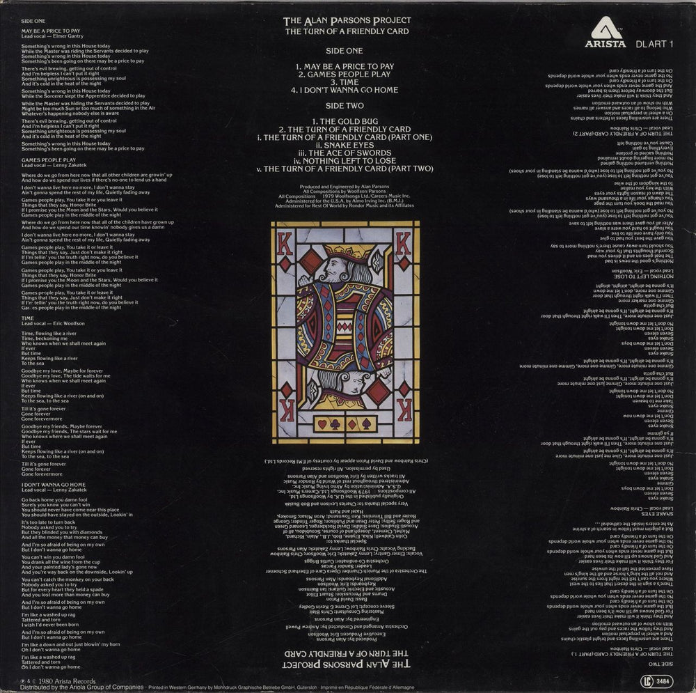 The Alan Parsons Project The Turn Of A Friendly Card German vinyl LP album (LP record)