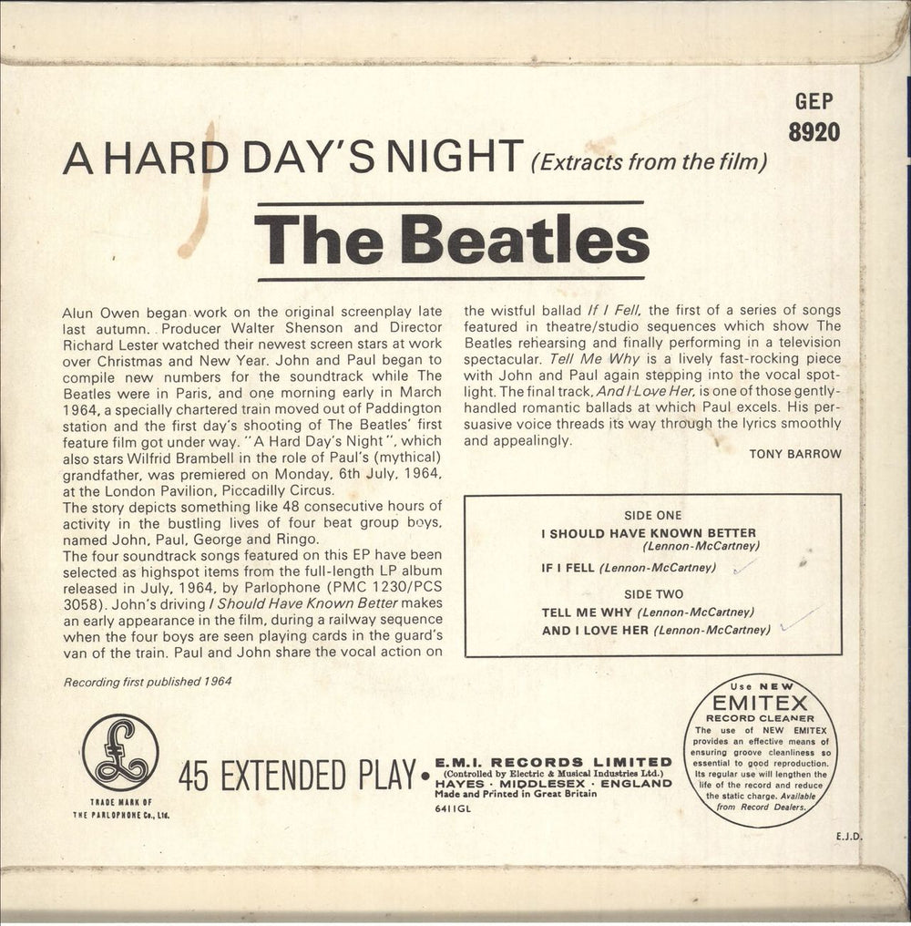 The Beatles A Hard Day's Night No. 1 EP - 1st - VG UK 7" vinyl single (7 inch record / 45)