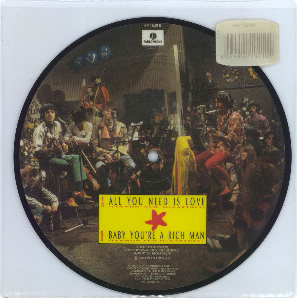 The Beatles All You Need Is Love - Barcode Stickered UK 7" vinyl picture disc (7 inch picture disc single) BTL7PAL770593