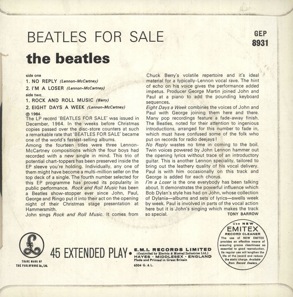 The Beatles Beatles For Sale EP - 1st - G&L - VG/EX UK 7" vinyl single (7 inch record / 45)