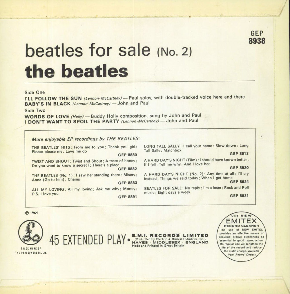 The Beatles Beatles For Sale (No 2) EP - 2nd UK 7" vinyl single (7 inch record / 45)