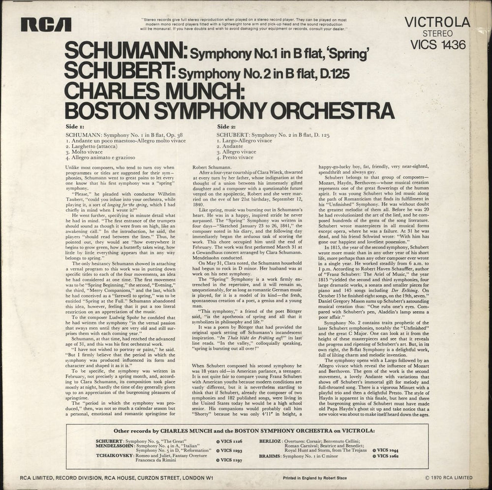 The Boston Symphony Orchestra Schumann: Symphony No. 1 "Spring" / Schubert: Symphony No. 2 UK vinyl LP album (LP record)