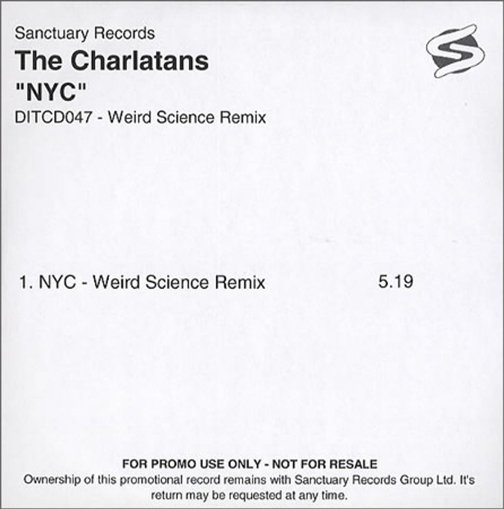 The Charlatans (UK) NYC - Weird Science Remix UK Promo CD-R acetate DITCD047