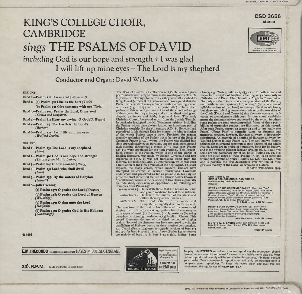 The Choir Of King's College, Cambridge The Psalms Of David UK vinyl LP album (LP record)