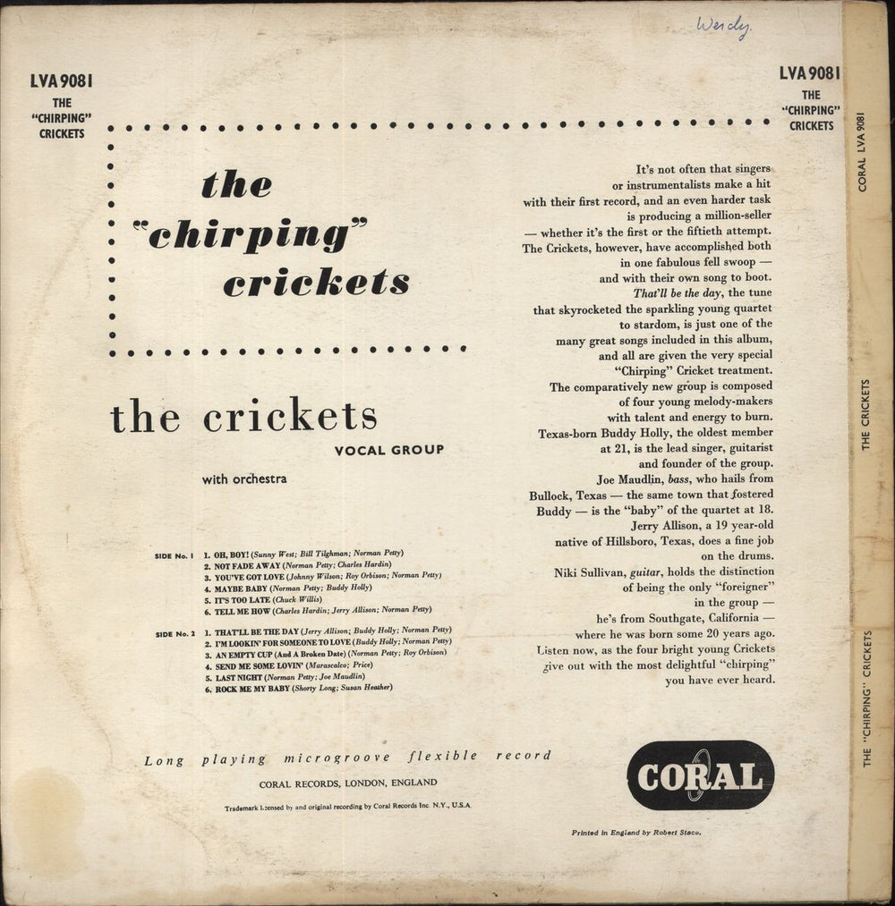 The Crickets The "Chirping" Crickets - 4th - VG UK vinyl LP album (LP record)