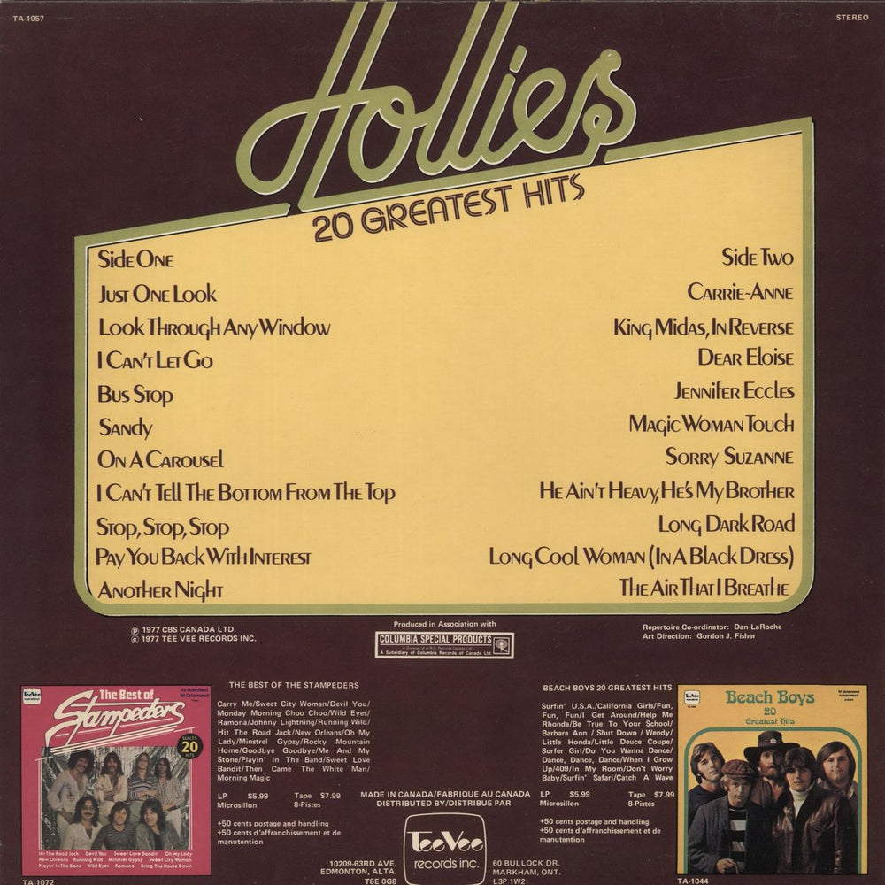 The Hollies 20 Greatest Hits Canadian vinyl LP album (LP record)