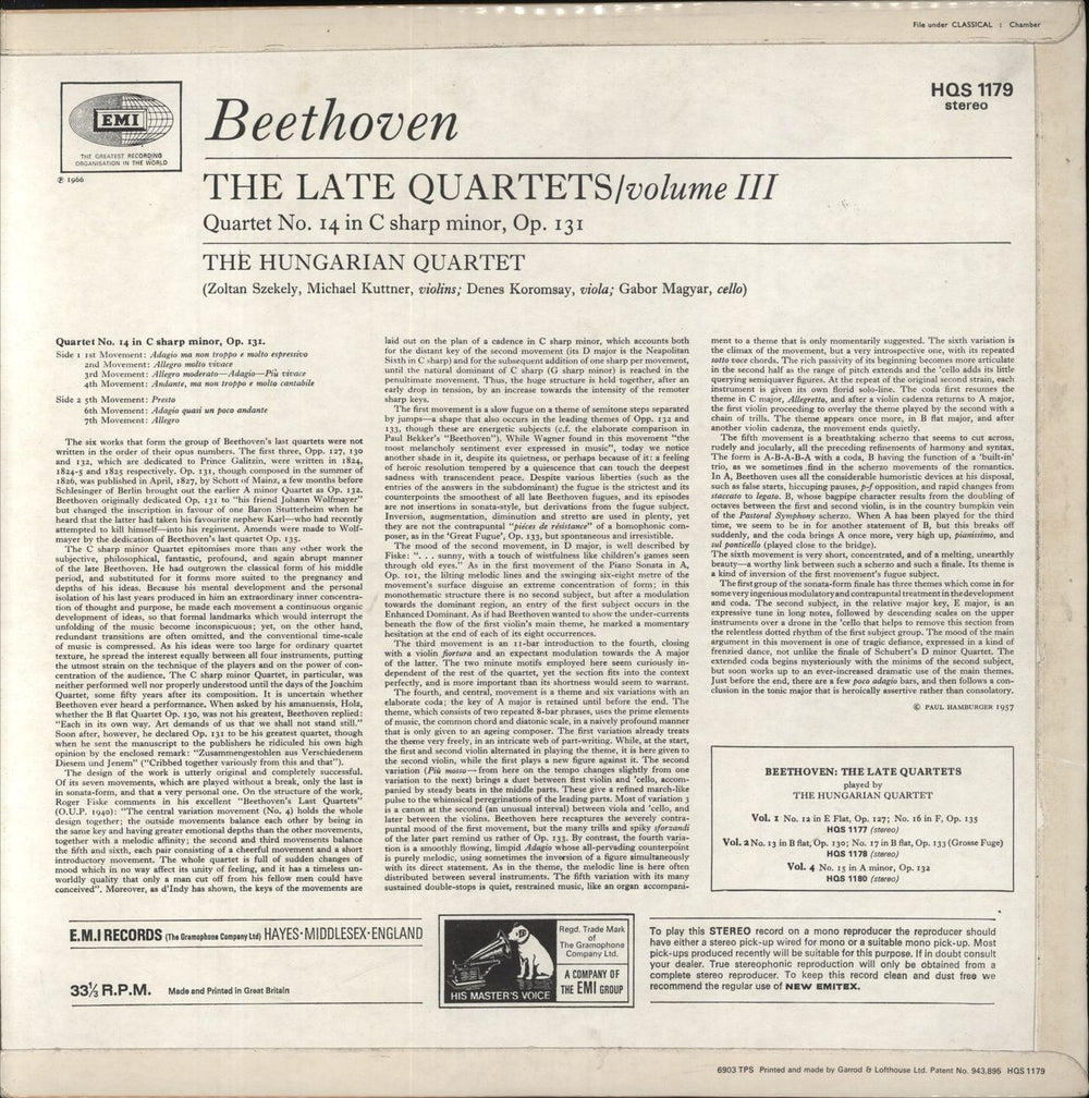 The Hungarian Quartet Beethoven: The Late Quartets - Volume 3: Quartet No. 14 In C Sharp Minor UK vinyl LP album (LP record)