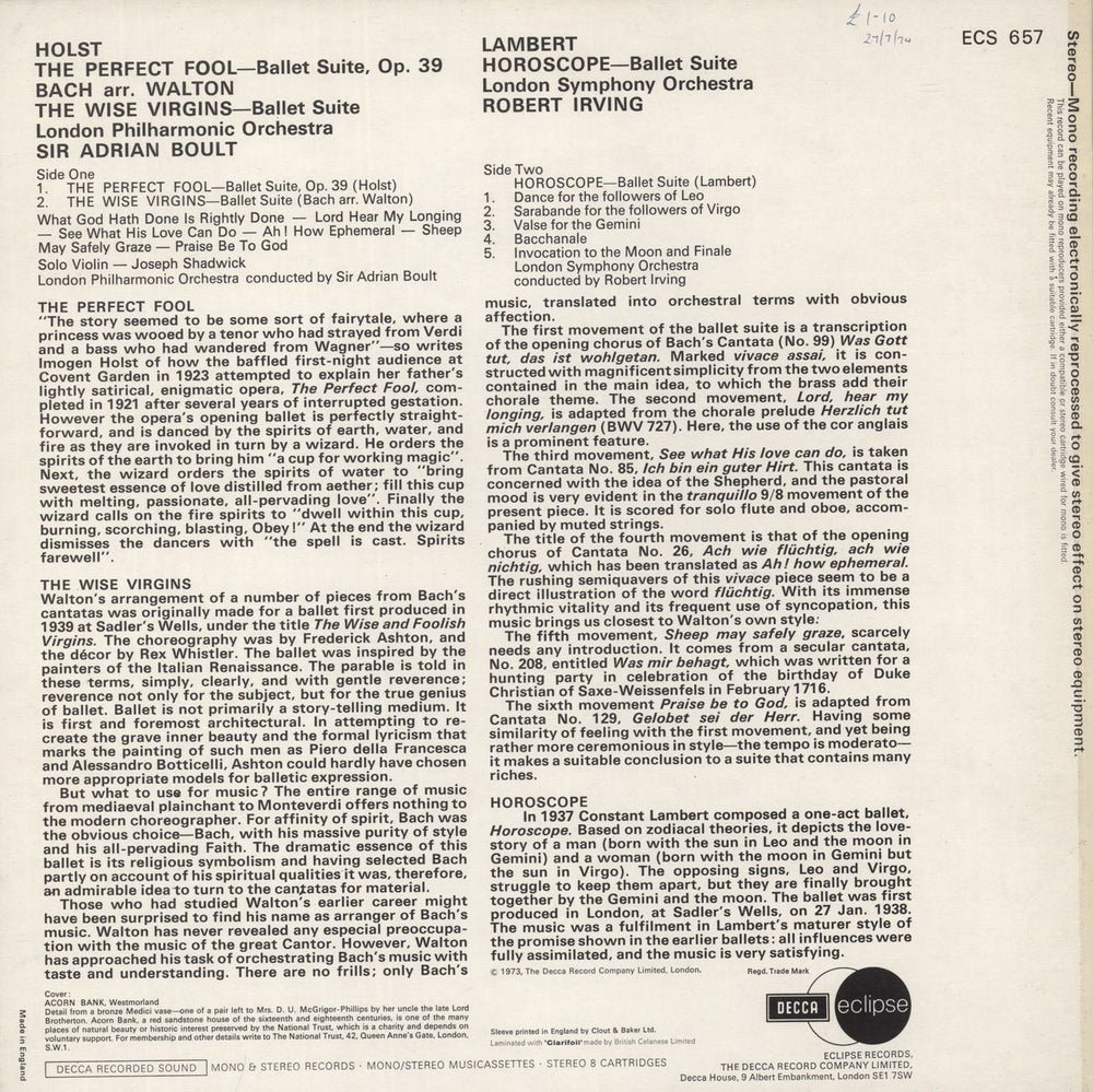 The London Philharmonic Orchestra The Perfect Fool / The Wise Virgins / Horoscope UK vinyl LP album (LP record)