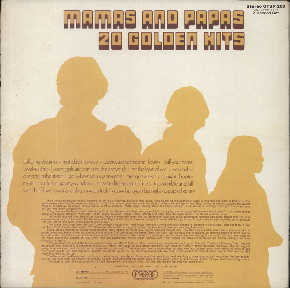 The Mama's And The Papa's 20 Golden Hits - EX UK 2-LP vinyl record set (Double LP Album)