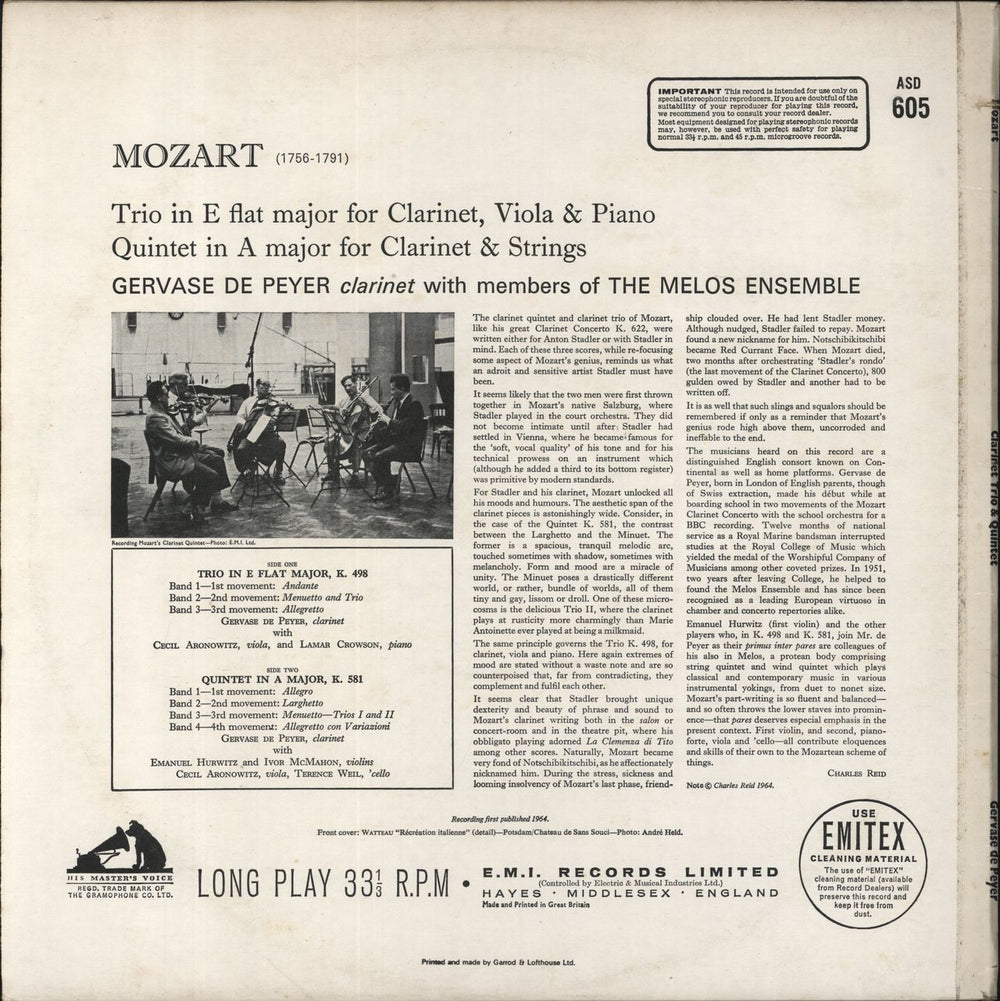 The Melos Ensemble Mozart: Trio in E-flat major, K.498 UK vinyl LP album (LP record)